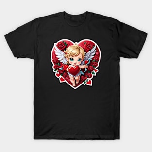 Romantic Display: Cupid Holding Heart with Roses T-Shirt